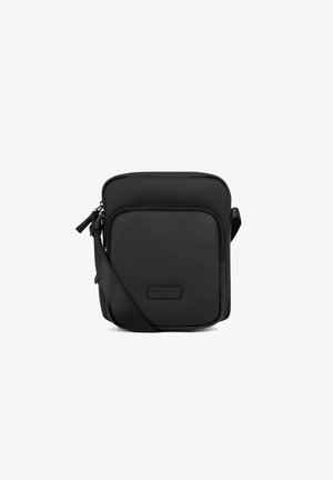Borsa a tracolla nera realizzata in tessuto testurizzato. Presenta una chiusura con zip, una tracolla regolabile e un'etichetta con logo sulla parte frontale. Forma rettangolare.