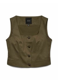 Oliwkowa kamizelka z kwadratowym dekoltem, pięć brązowych guzików z przodu i gładką teksturą materiału. Metka widoczna od wewnątrz.