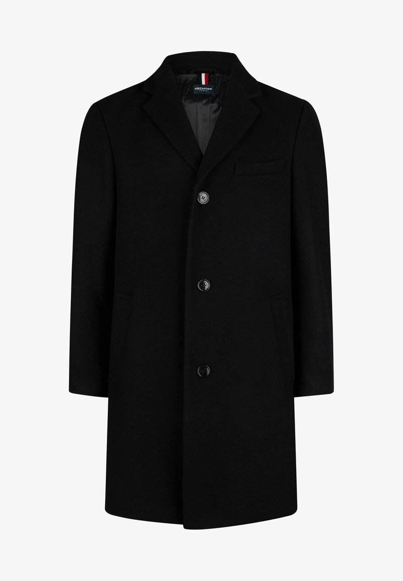 Abrigo de mezcla de lana negro con solapa con muesca, diseño de un solo botón, cuatro botones, un bolsillo en el pecho y dos bolsillos laterales. Textura suave.