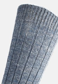 Calcetines de pierna de color azul de punto con una textura acanalada. Presentan franjas alternas de azul claro y oscuro, fibras suaves y un ajuste ligeramente holgado.