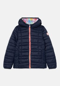 Navy puffer jacket with quilted design, front zipper featuring colorful accents, and a floral-lined hood. Textured exterior.