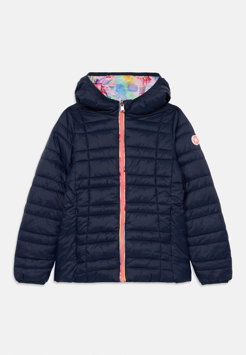 Navy puffer jacket with quilted design, front zipper featuring colorful accents, and a floral-lined hood. Textured exterior.
