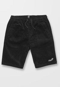 Short en velours côtelé noir avec ceinture élastique, cordon, poches latérales et petit logo brodé sur la partie inférieure de la jambe gauche.