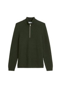 Dunkelgrüner Pullover aus strukturiertem Strickstoff, mit hohem Kragen und halbem Reißverschluss auf der Vorderseite, langen Ärmeln und lässiger Passform.
