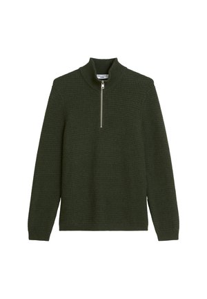 Pull vert foncé en tricot texturé, avec un col montant et une fermeture éclair à moitié sur le devant, des manches longues et une coupe décontractée.