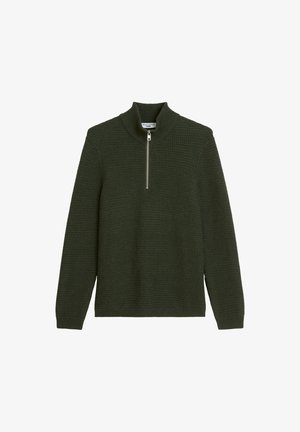 Pull vert foncé en tricot texturé, avec un col montant et une fermeture éclair à moitié sur le devant, des manches longues et une coupe décontractée.