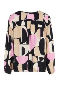 Luftige Bluse aus leichtem Stoff mit schwarzem Hintergrund und abstrakten Formen in Pink, Beige und Creme. Gummizugsaum.