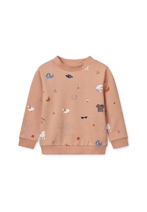 Sweatshirt rose clair avec un col rond, doté de graphiques imprimés colorés tels que des oiseaux, des aliments et des accents de texte. Poignets et ourlet élastiques.