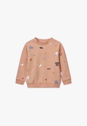 Svijetlo ružičasti dukserica s okruglim izrezom, s raznobojnim tiskanim grafičkim motivima poput ptica, prehrambenih proizvoda i tekstualnih akcenta. Elastične manšete i rub.