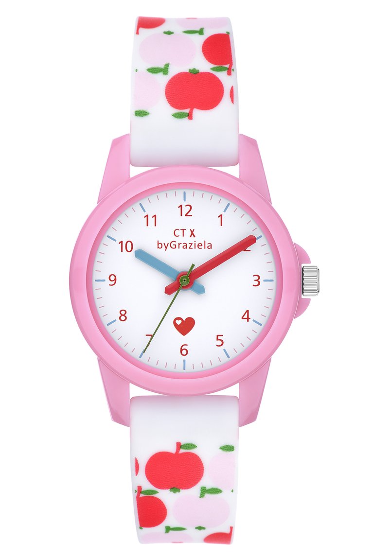 Pink analog watch with a white dial, red and blue hands, and a colorful fruit-patterned silicone strap featuring red and pink apples.