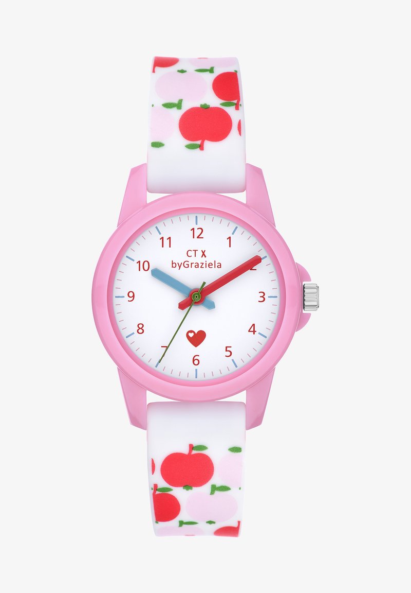 Pink analog watch with a white dial, red and blue hands, and a colorful fruit-patterned silicone strap featuring red and pink apples.