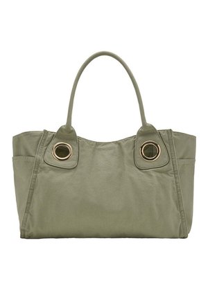 Bolso de tela verde oliva con dos grandes arandelas metálicas doradas cerca de las asas y una forma rectangular sencilla.