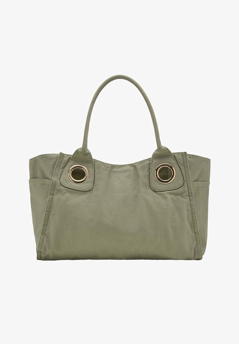 Sac à main en tissu vert olive avec deux grands œillets métalliques dorés près des poignées et une forme rectangulaire simple.