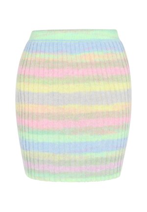 Pletene rebraste krilo s pastelno črtami v svetlo modri, roza, rumeni in zeleni barvi, z oprijeto silhueto in elastičnim pasom.