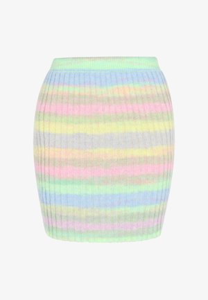 Pletene rebraste krilo s pastelno črtami v svetlo modri, roza, rumeni in zeleni barvi, z oprijeto silhueto in elastičnim pasom.