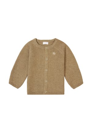 Beżowy sweter z dzianiny, z długimi rękawami, okrągłym dekoltem i zapięciem na guziki. Posiada fakturowany materiał oraz mały logo przy dekolcie.