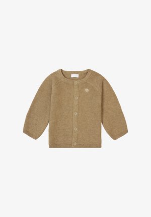 Beige gestrickte Strickjacke mit langen Ärmeln, rundem Halsauschnitt und Knopfverschluss. Verfügt über einen strukturierten Stoff und ein kleines Logodetail in der Nähe des Halsausschnitts.