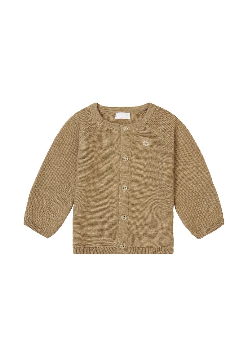 Beżowy sweter rozpinany na guziki z okrągłym dekoltem, siedmioma guzikami na przodzie i ściągaczami na rękawach. Na piersi znajduje się małe logo.