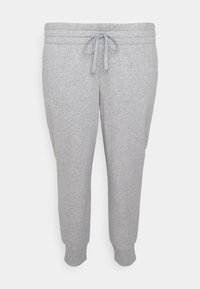 Grå, mjuka bomullsmjukisbyxor med elastisk midja och justerbar dragsko, avsmalnande ben och ribbad ankelslut.