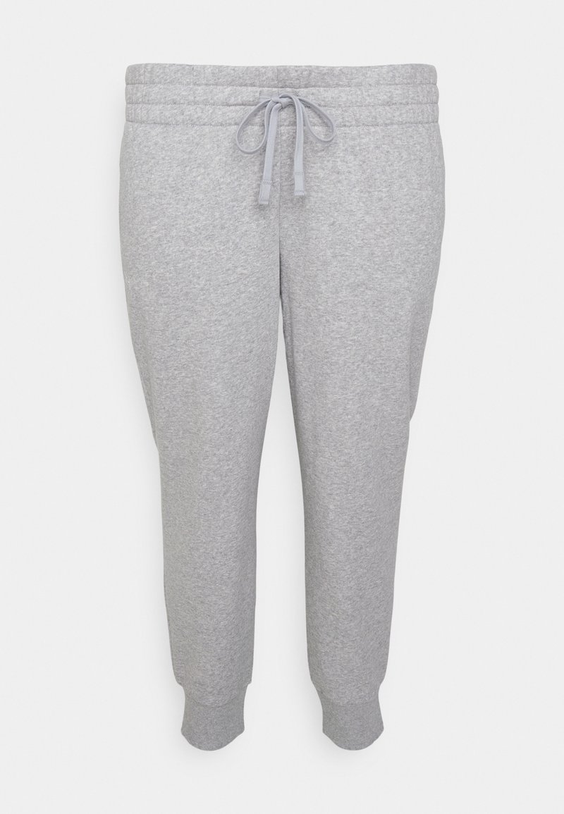 Grå, mjuka bomullsmjukisbyxor med elastisk midja och justerbar dragsko, avsmalnande ben och ribbad ankelslut.