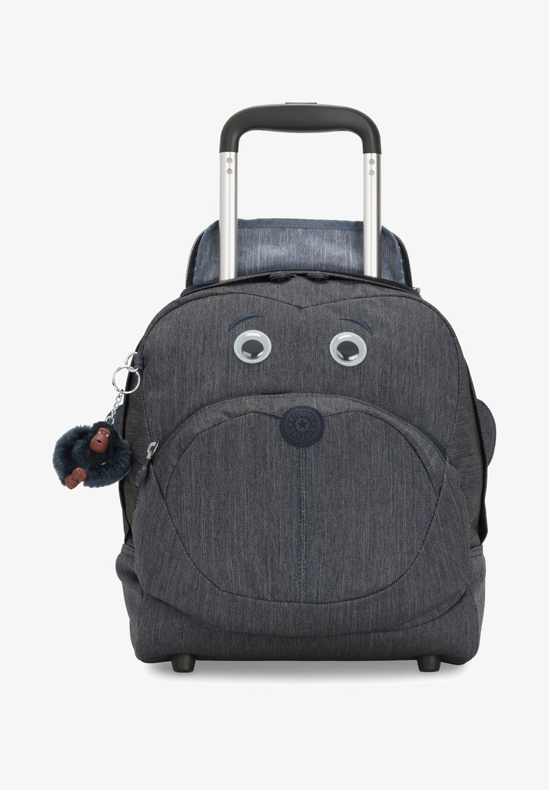 Zaino da viaggio in denim nero con grandi occhi in stile cartone animato, forma arrotondata, portachiavi a forma di scimmia in peluche e manico in metallo lucido.