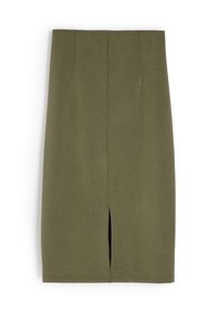 Jasnozielona spódnica sięgająca kolan, wykonana z miękkiego materiału, z rozporkiem z przodu, dwiema przednimi kieszeniami i subtelnymi przeszyciami wzdłuż pasa.