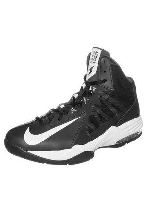 Black and white high-top Nike Air Max basketball shoe with laces, mesh sides, and visible air cushion in the sole.