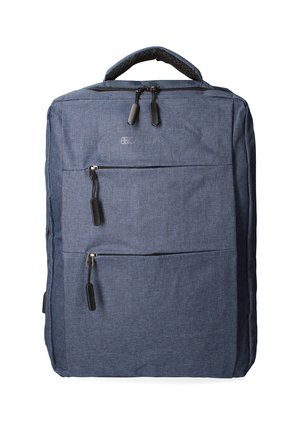 Blauwe stoffen rugzak met twee voorste ritszakken, handvat bovenaan en een getextureerd paneel. Heeft donkere ritsen en een subtiel logo.