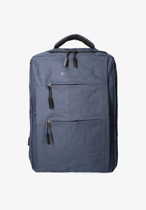 Zaino in tessuto blu con due tasche frontali con cerniera, manico superiore e pannello testurizzato. Presenta cerniere scure e un logo sottile.