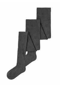 Grå ribbede sokker laget av et mykt, elastisk stoff. Kjennetegn inkluderer forsterket tå og jevn ribbing gjennom hele lengden.