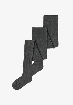 Calze grigie a coste realizzate in un tessuto morbido e elastico. Tra le caratteristiche ci sono la punta rinforzata e una costina uniforme per tutta la lunghezza.