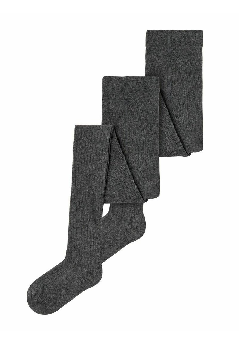 Grå ribbede sokker laget av et mykt, elastisk stoff. Kjennetegn inkluderer forsterket tå og jevn ribbing gjennom hele lengden.