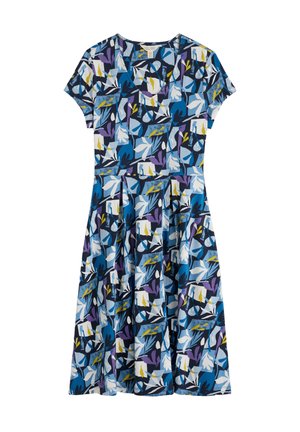 Short-sleeve dress in a blue, purple, and white floral pattern with a fitted bodice and flared skirt, made of lightweight fabric.