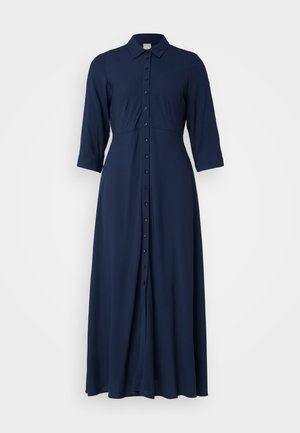 Mørkeblå lang kjole med knapper foran, krage og trekvart ermer. Laget av et lett stoff med en glatt tekstur.