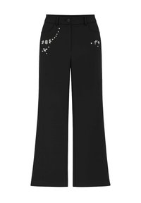 Pantalons larges noirs avec des perles argentées décoratives formant un motif floral sur le devant. Fabriqués en tissu lisse et texturé.