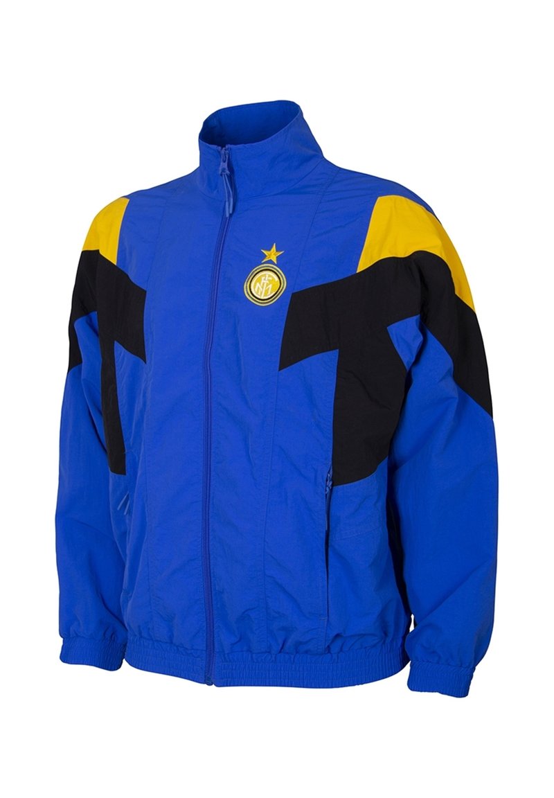 Blauwe zip-up jas met zwarte en gele accenten; heeft een hoge kraag, elastische manchetten en een sportief ontwerp; bevat een logo op de borst.