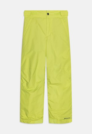 Pantaloni de schi impermeabili de culoare galben strălucitor. Caracteristicile includ un brâu plat cu velcro și buton metalic, buzunare laterale și elastic la mânșete.
