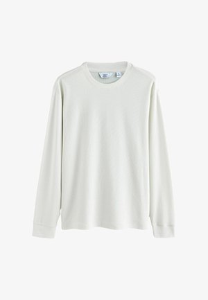 Długa koszula z długim rękawem w jasnym zielonym kolorze, wykonana z teksturowanej tkaniny, z okrągłym dekoltem i ściągaczami przy mankietach. Widoczna metka marki wewnątrz.