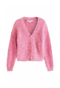 Roosa kardigan tekstureeritud, pehme materjaliga. Omab V-kaelust, pikki varrukaid ja nööbiga kinnitust ees. Üksikutes värvitoonides ehk mitmevärvilised täpid kogu keha ulatuses.