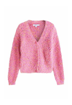 Rózsaszín kardigán, texturált, bolyhos anyagból. V-alakú nyakkivágással, hosszú ujjakra és elöl gombos záródásra van kialakítva. Színes foltokkal átszőve.