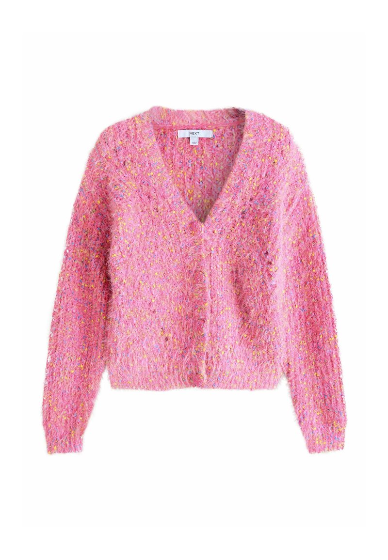 Roosa kardigan tekstureeritud, pehme materjaliga. Omab V-kaelust, pikki varrukaid ja nööbiga kinnitust ees. Üksikutes värvitoonides ehk mitmevärvilised täpid kogu keha ulatuses.