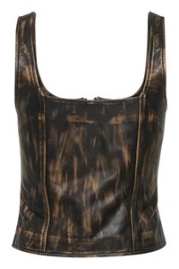 Svart og brun cropped tank top i faux skinn, med firkantet halsutskjæring, glatt tekstur og subtilt abstrakt mønster. Glidelås bak.