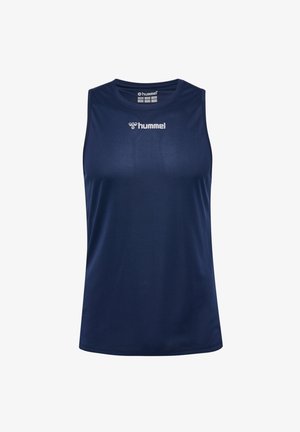 Marinefarbener, ärmelloser Sporttank-Top aus glattem, leichtem Stoff mit rundem Ausschnitt und weißem Logo auf der Vorderseite.