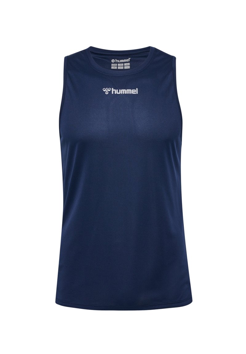 Marinblå ärmlös atletisk tanktopp tillverkad av mjukt, lätt material med rund halsringning och vitt logotyp på framsidan.