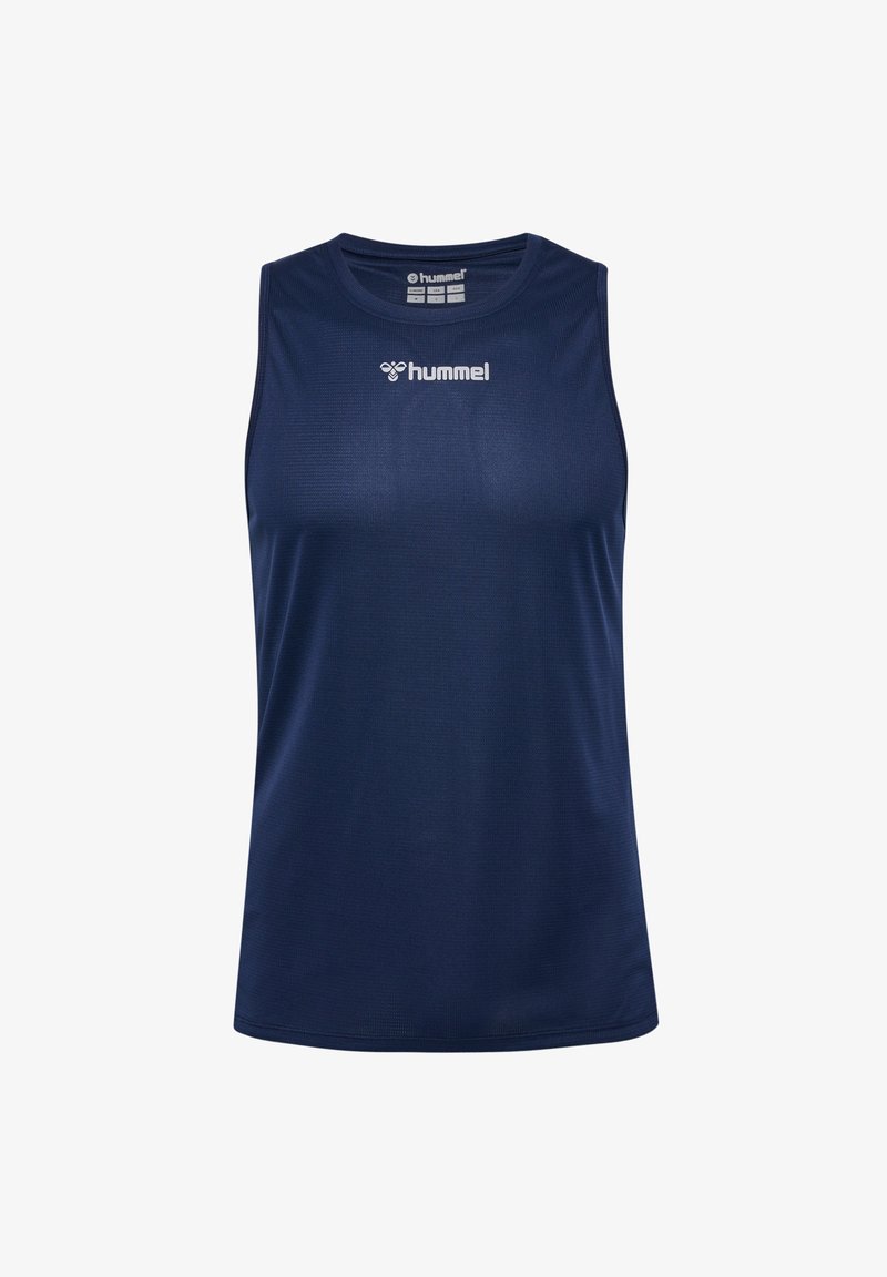 Marinblå ärmlös atletisk tanktopp tillverkad av mjukt, lätt material med rund halsringning och vitt logotyp på framsidan.