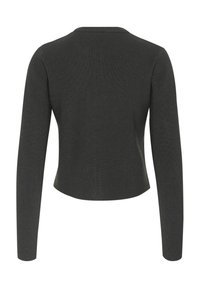 Top tricotat cu maneci lungi de culoare gri închis, cu un guler rotund și o siluetă scurtă. Textură netedă și design ajustat.