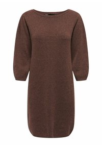 Brunstickad klänning med rundad halsringning och trekvartslånga puffärmar. Mjuk textur, avslappnad passform och rundad nederkant.