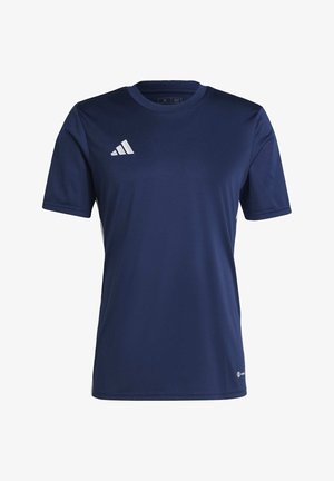 Navy blue sports t-shirt made from lightweight, breathable fabric. Features a ribbed crew neck, short sleeves, and a white logo on the chest.