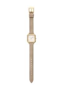 Kvadrato formos laikrodis su auksinio atspalvio korpusu, baltu ciferblatu ir smėlio spalvos odiniu dirželiu. Ypatybės: sagties užsegimas ir paprasto dizaino valandų žymėjimas.