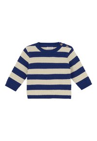 Strickpullover für Babys mit blauen und cremefarbenen horizontalen Streifen, rundem Hals, langen Ärmeln und zwei Knöpfen an der linken Schulter.